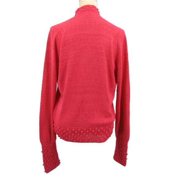 Handknit Cardigan Raised Popcorn Design Trim Bright Rose Womens Button Up L / XL - Picture 4 of 15